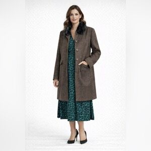 Dialogue Brown Wool Coat w/ Faux Fur Collar Size 16 Classic Winter Coat